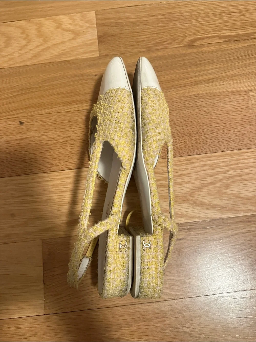 CHANEL Yellow Tweed and White Cap-Toe Slingback Mules